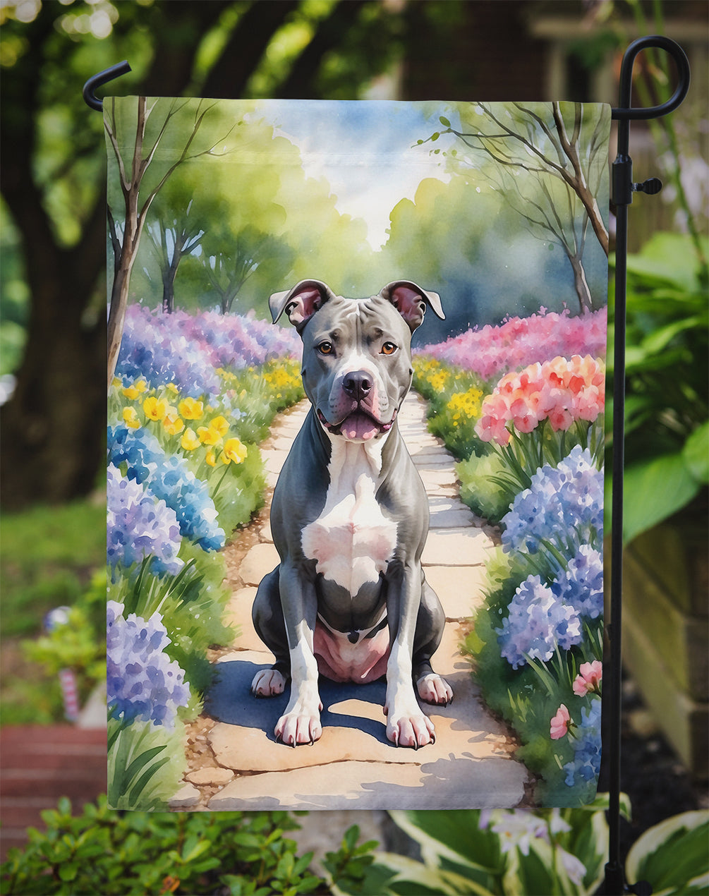 Pit Bull Terrier Spring Path Garden Flag  – Dog-Themed Floral Outdoor Decor