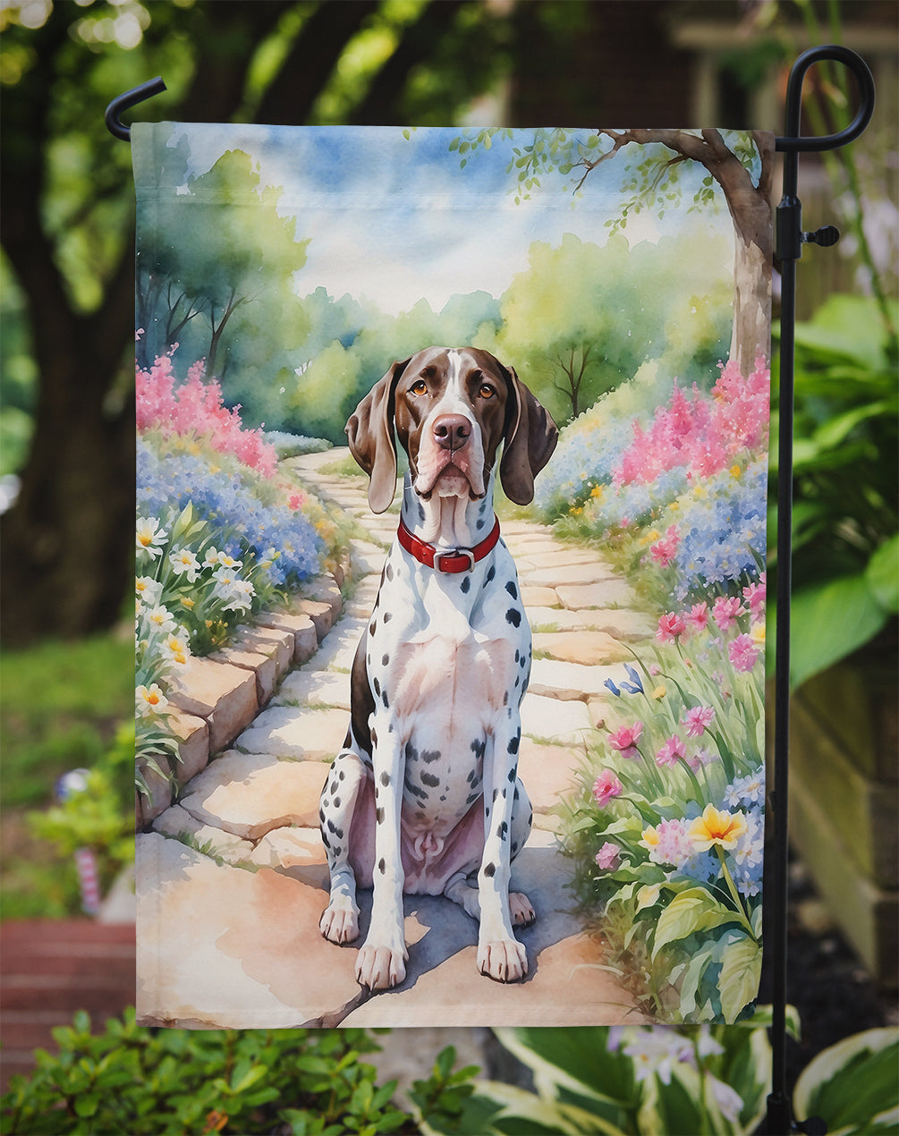 Pointer Spring Path Garden Flag  – Dog-Themed Floral Outdoor Decor