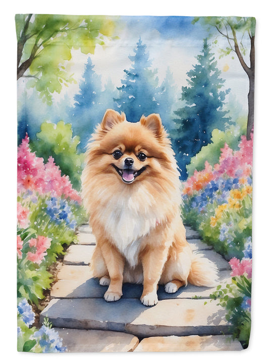 Pomeranian Spring Path Garden Flag  – Dog-Themed Floral Outdoor Decor