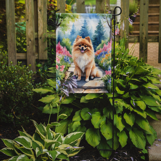 Pomeranian Spring Path Garden Flag  – Dog-Themed Floral Outdoor Decor