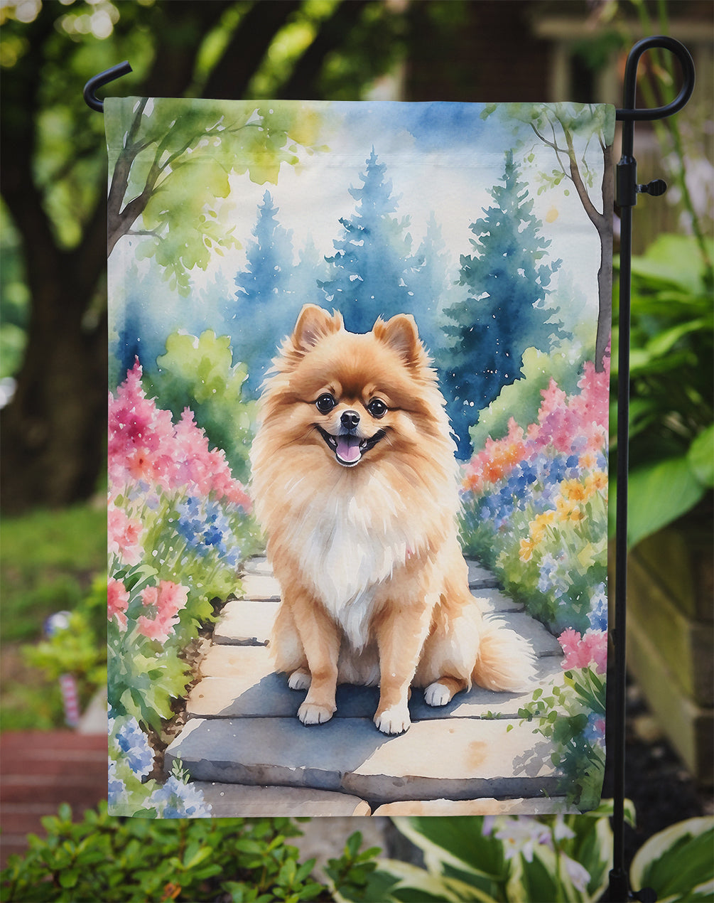 Pomeranian Spring Path Garden Flag  – Dog-Themed Floral Outdoor Decor