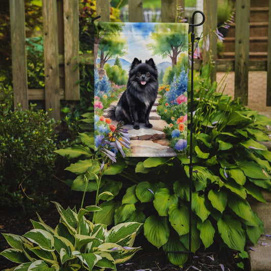Pomeranian Spring Path Garden Flag  – Dog-Themed Floral Outdoor Decor