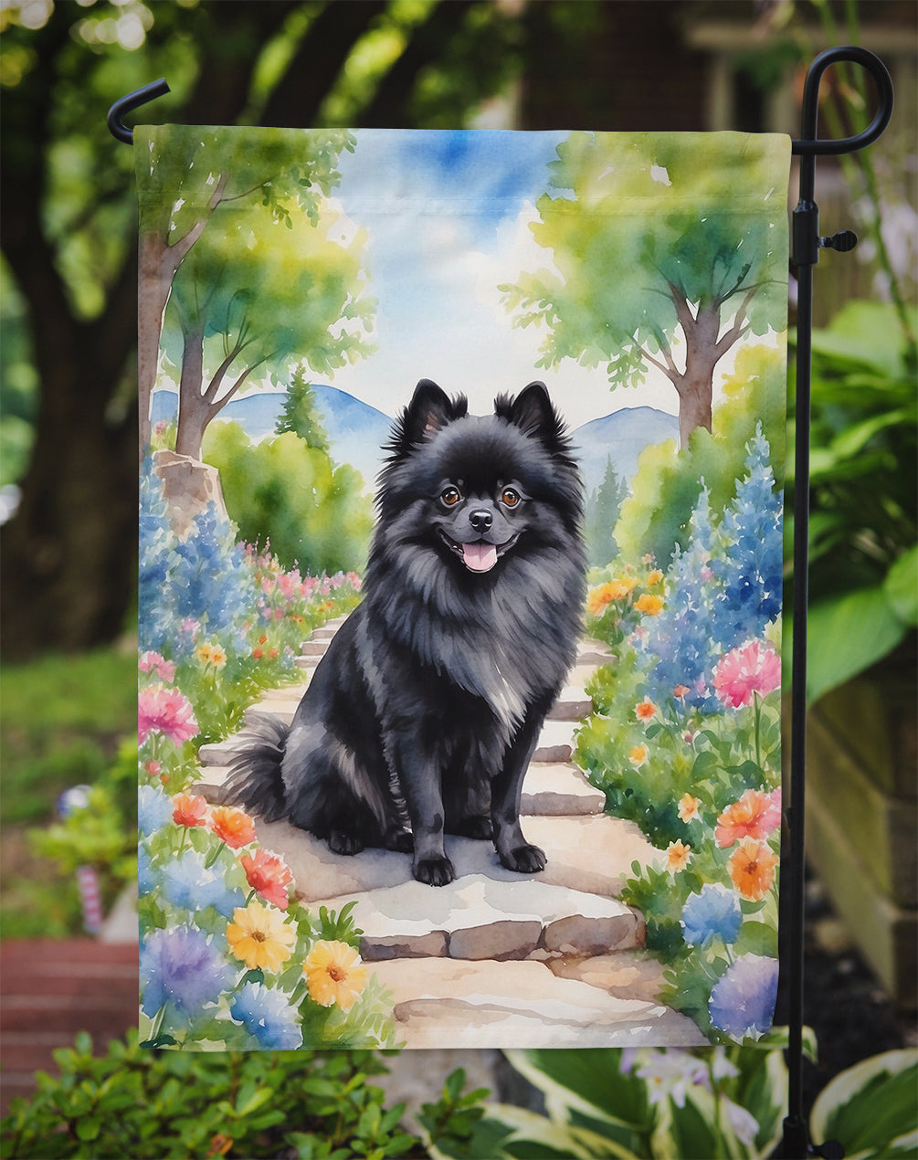 Pomeranian Spring Path Garden Flag  – Dog-Themed Floral Outdoor Decor