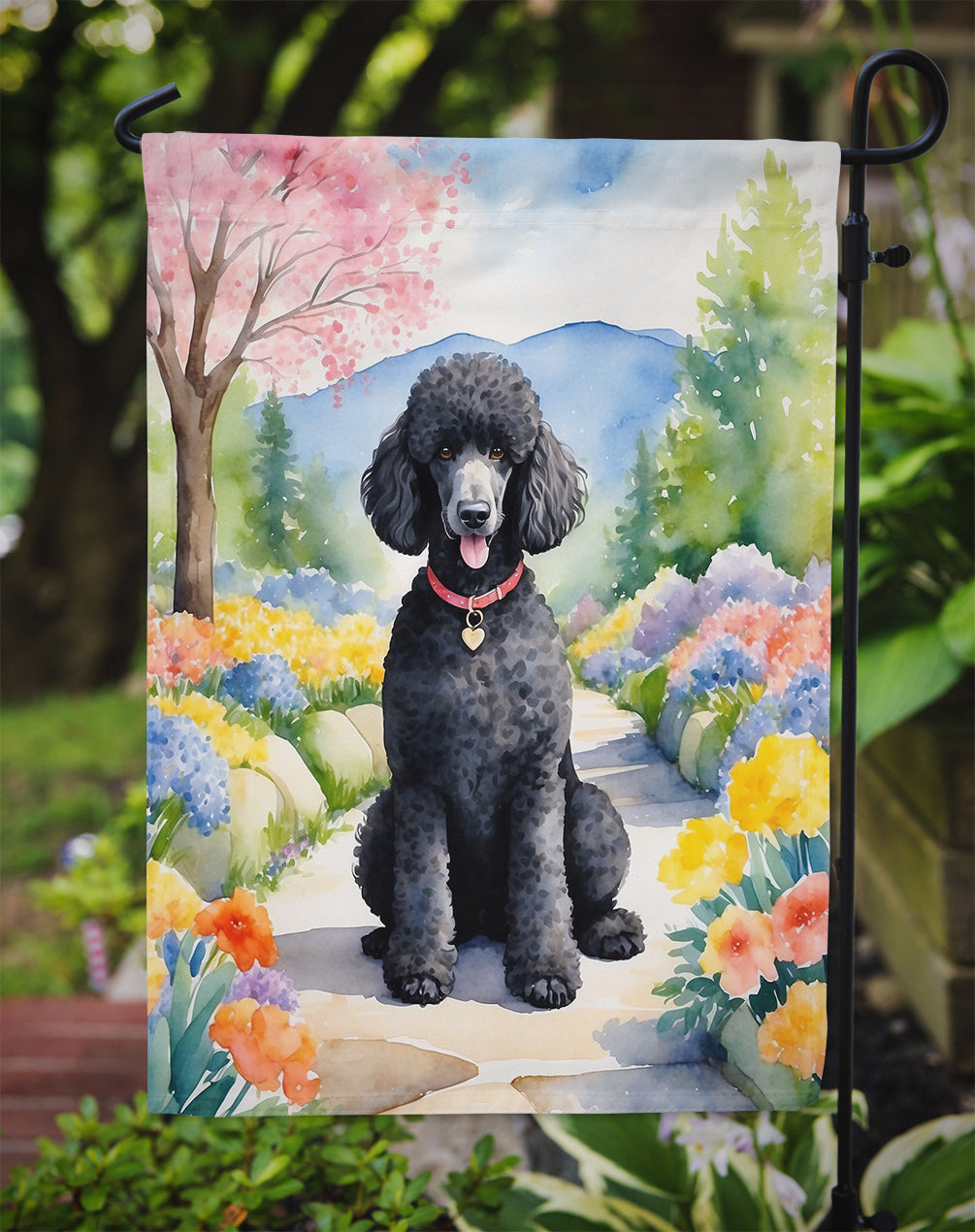 Black Poodle Spring Path Garden Flag – Dog-Themed Floral Outdoor Decor