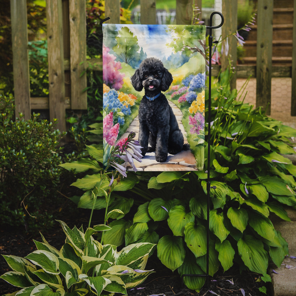 Black Poodle Spring Path Garden Flag – Dog-Themed Floral Outdoor Decor