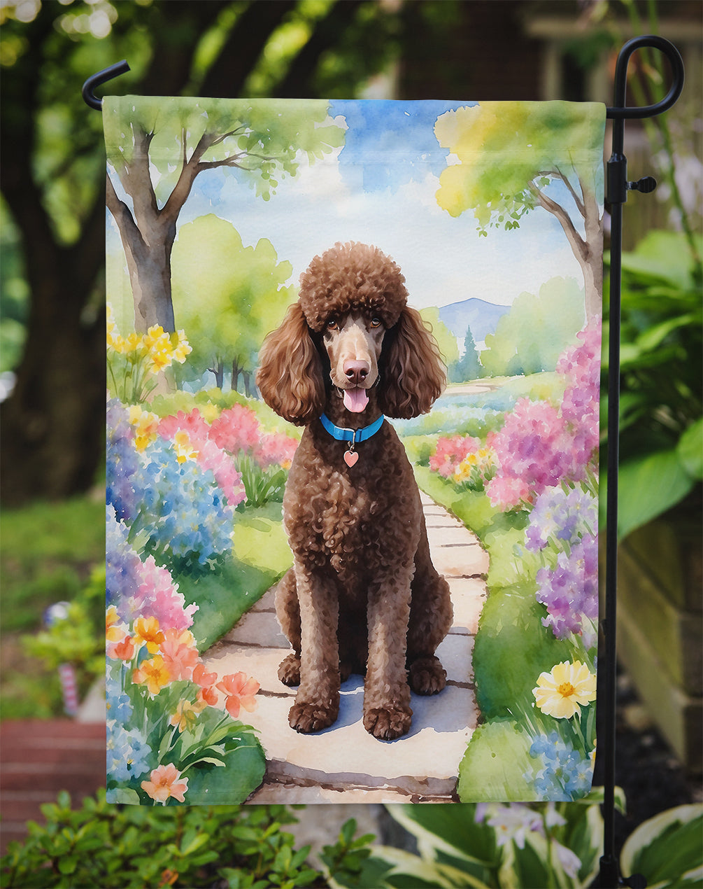 Chocolate Poodle Spring Path Garden Flag  – Dog-Themed Floral Outdoor Decor