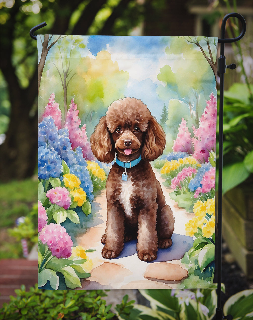 Chocolate Poodle Spring Path Garden Flag  – Dog-Themed Floral Outdoor Decor