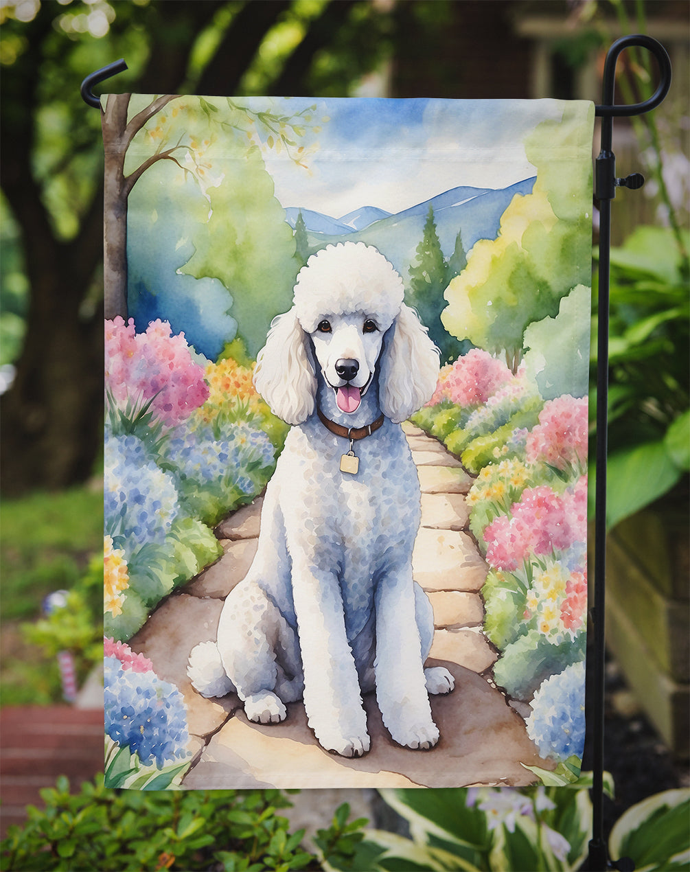 White Poodle Spring Path Garden Flag  – Dog-Themed Floral Outdoor Decor