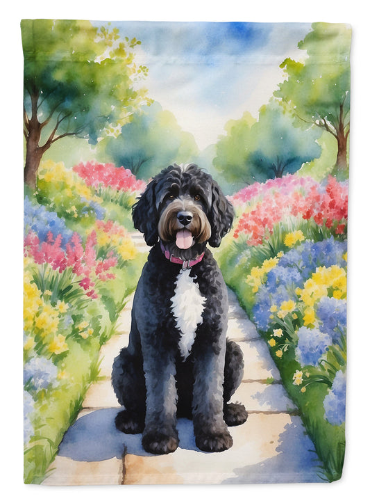 Portuguese Water Dog Spring Path Garden Flag  – Dog-Themed Floral Outdoor Decor