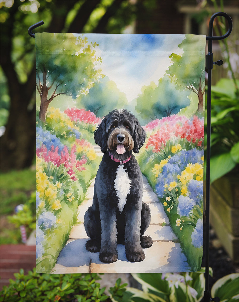 Portuguese Water Dog Spring Path Garden Flag  – Dog-Themed Floral Outdoor Decor