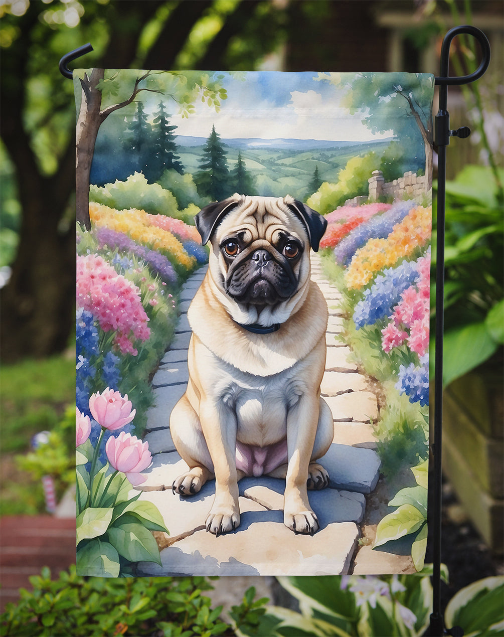 Pug Spring Path Garden Flag  – Dog-Themed Floral Outdoor Decor