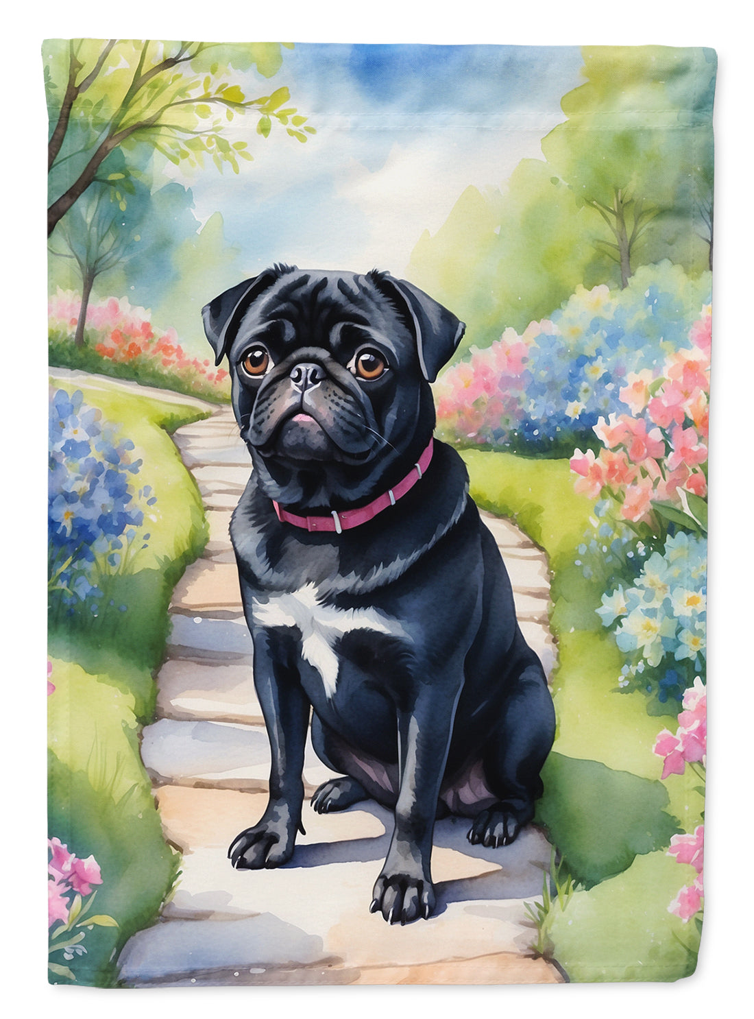 Black Pug Spring Path Garden Flag – Dog-Themed Floral Outdoor Decor