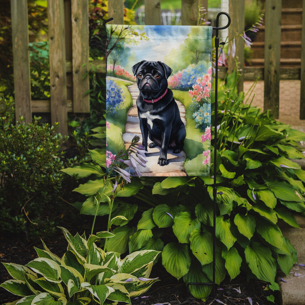 Black Pug Spring Path Garden Flag – Dog-Themed Floral Outdoor Decor