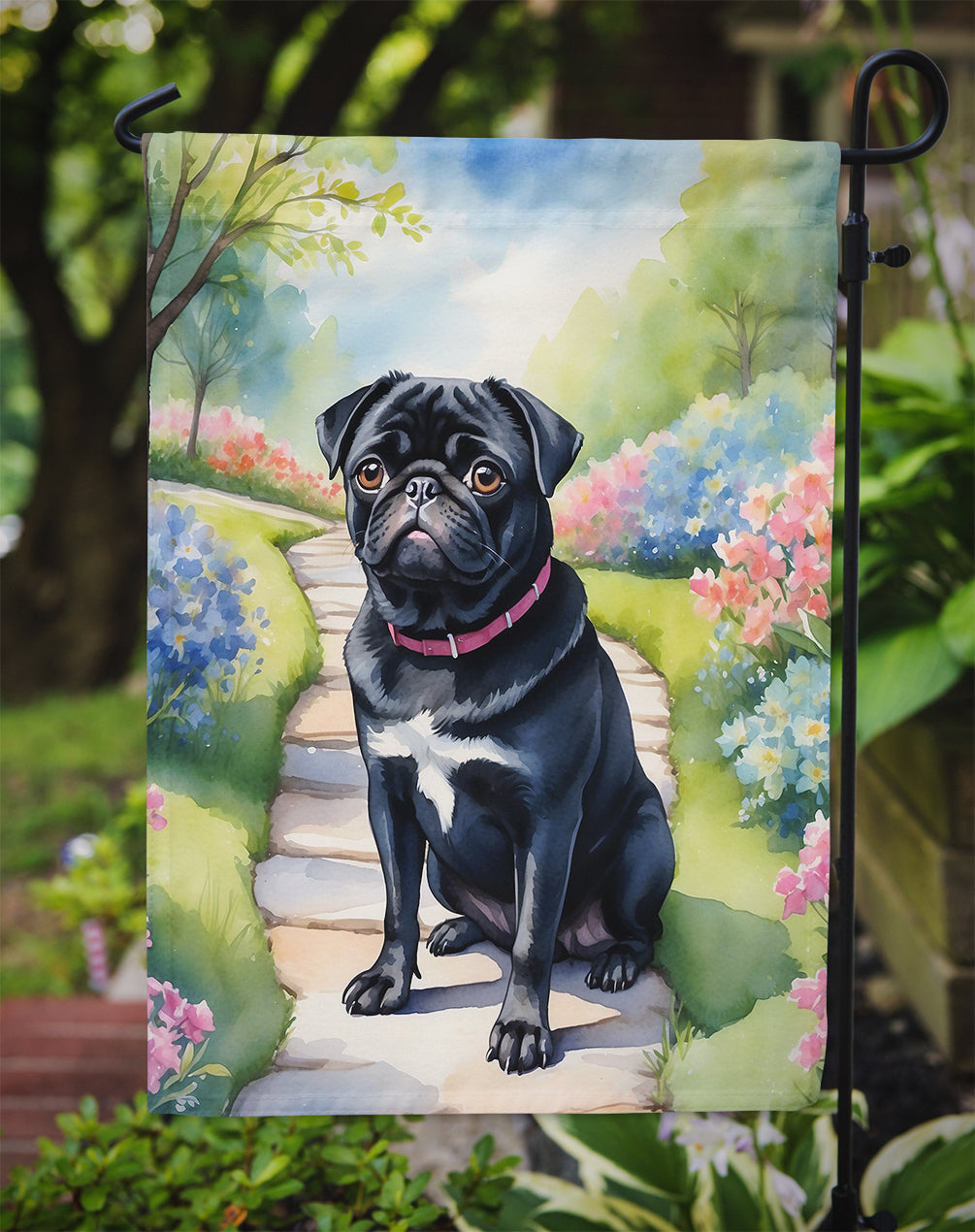 Black Pug Spring Path Garden Flag – Dog-Themed Floral Outdoor Decor