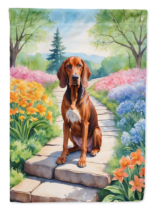 Redbone Coonhound Spring Path Garden Flag  – Dog-Themed Floral Outdoor Decor