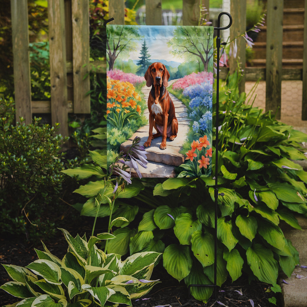 Redbone Coonhound Spring Path Garden Flag  – Dog-Themed Floral Outdoor Decor