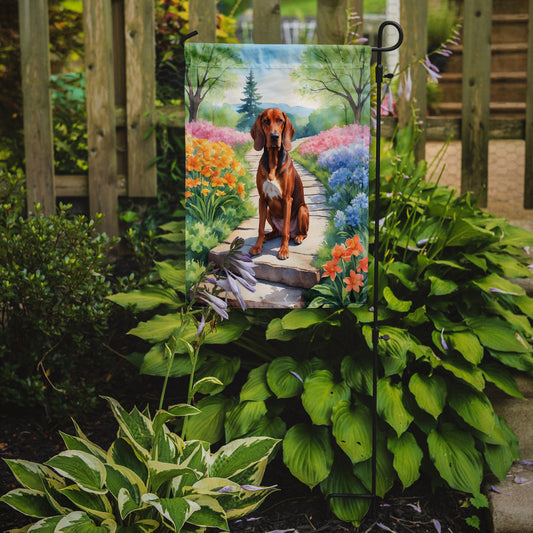 Redbone Coonhound Spring Path Garden Flag  – Dog-Themed Floral Outdoor Decor