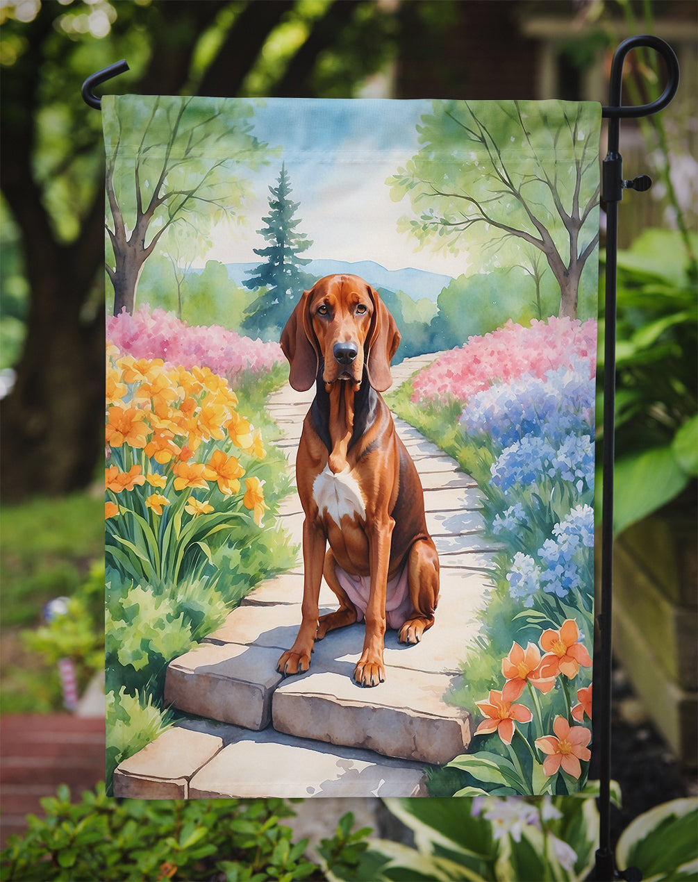 Redbone Coonhound Spring Path Garden Flag  – Dog-Themed Floral Outdoor Decor