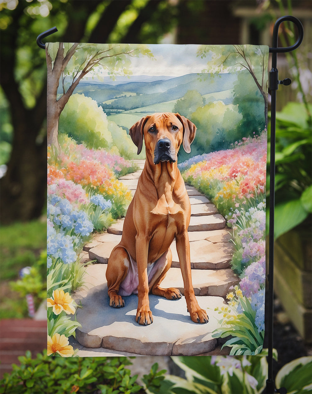 Rhodesian Ridgeback Spring Path Garden Flag  – Dog-Themed Floral Outdoor Decor