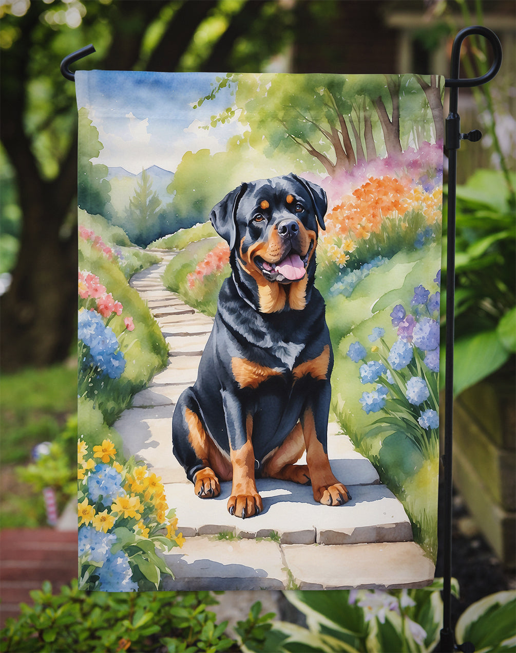 Rottweiler Spring Path Garden Flag  – Dog-Themed Floral Outdoor Decor