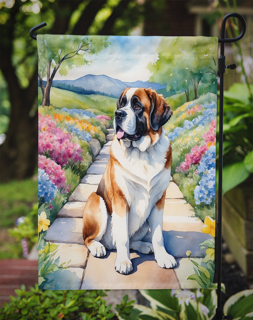Saint Bernard Spring Path Garden Flag  – Dog-Themed Floral Outdoor Decor