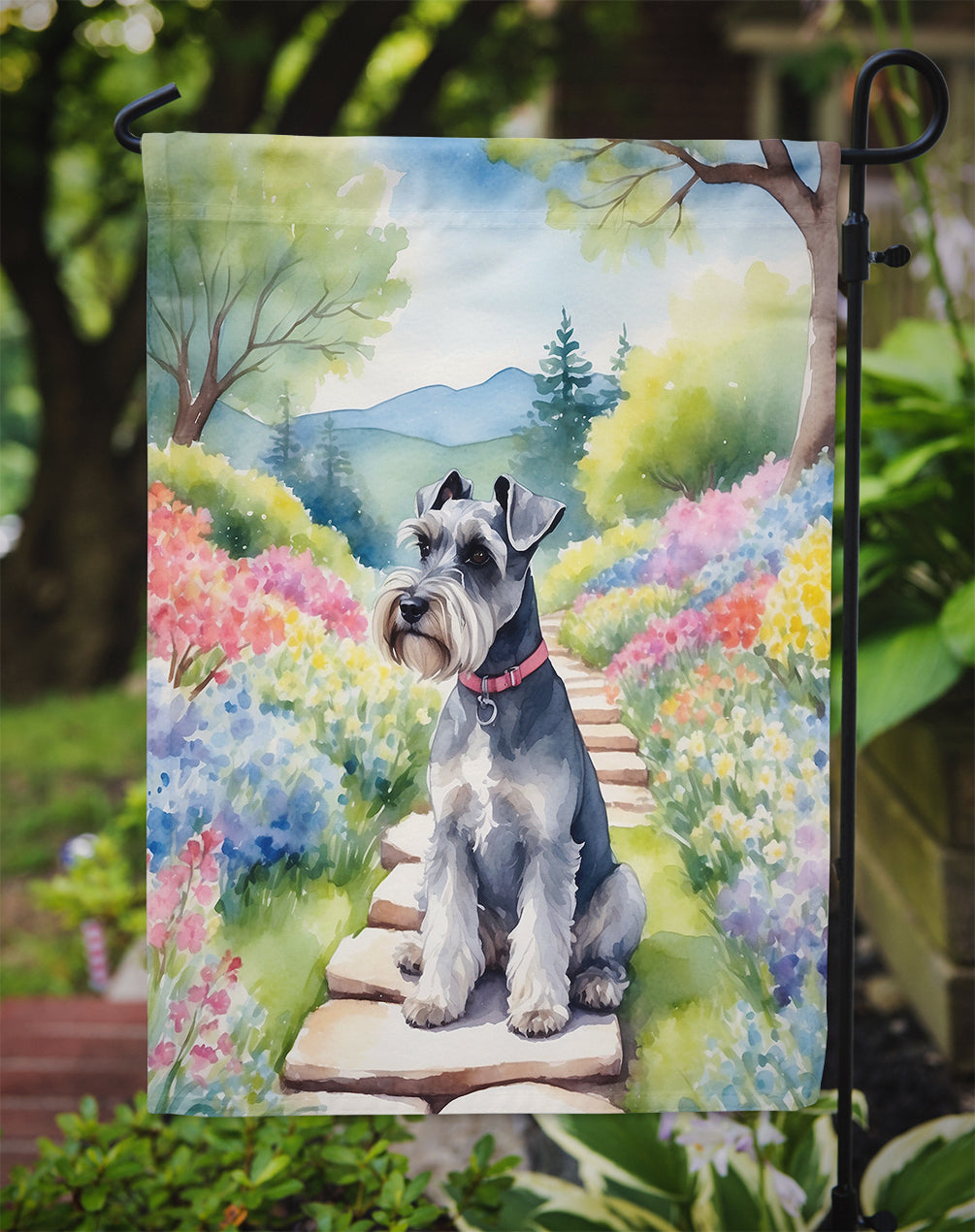 Schnauzer Spring Path Garden Flag  – Dog-Themed Floral Outdoor Decor