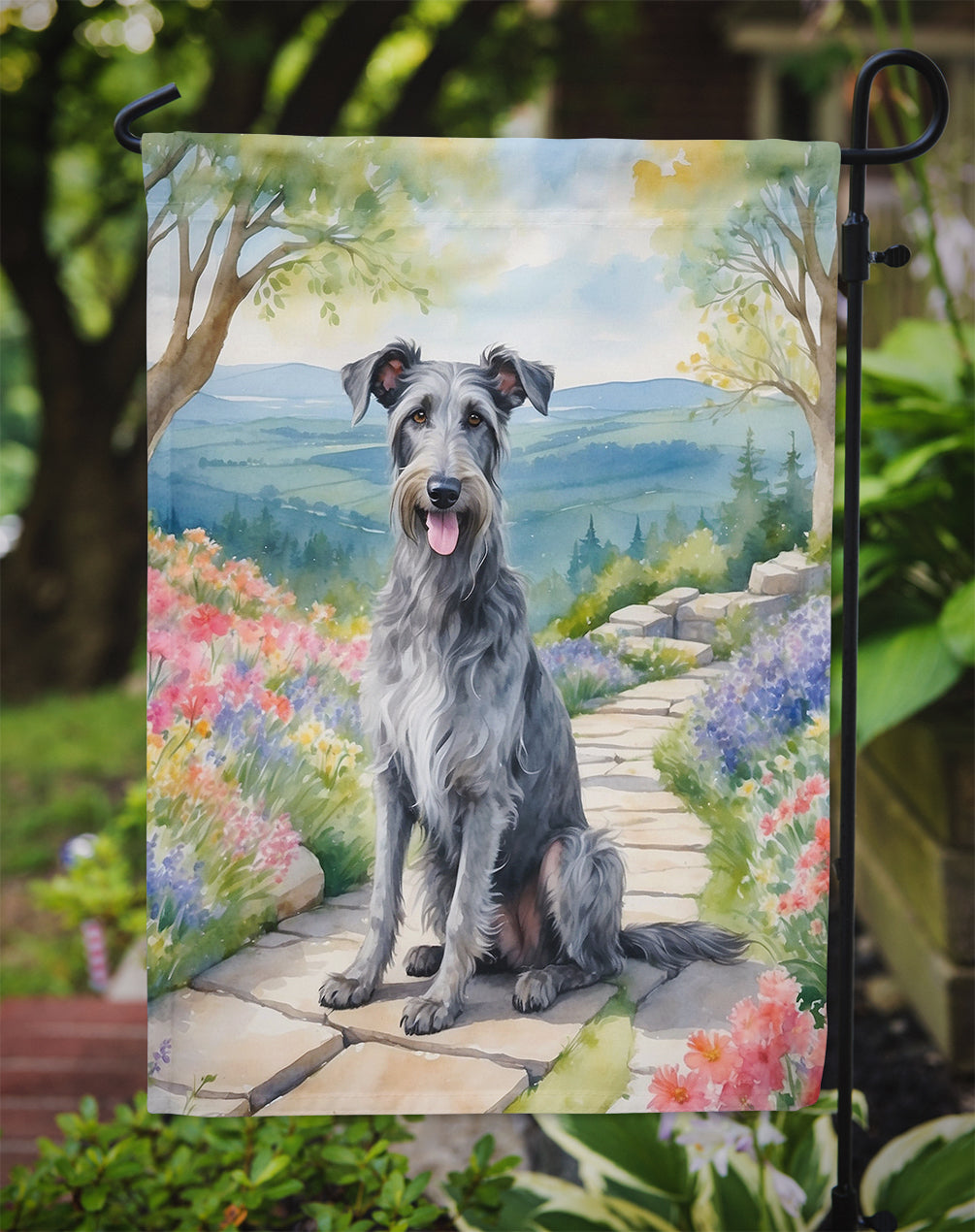 Scottish Deerhound Spring Path Garden Flag  – Dog-Themed Floral Outdoor Decor