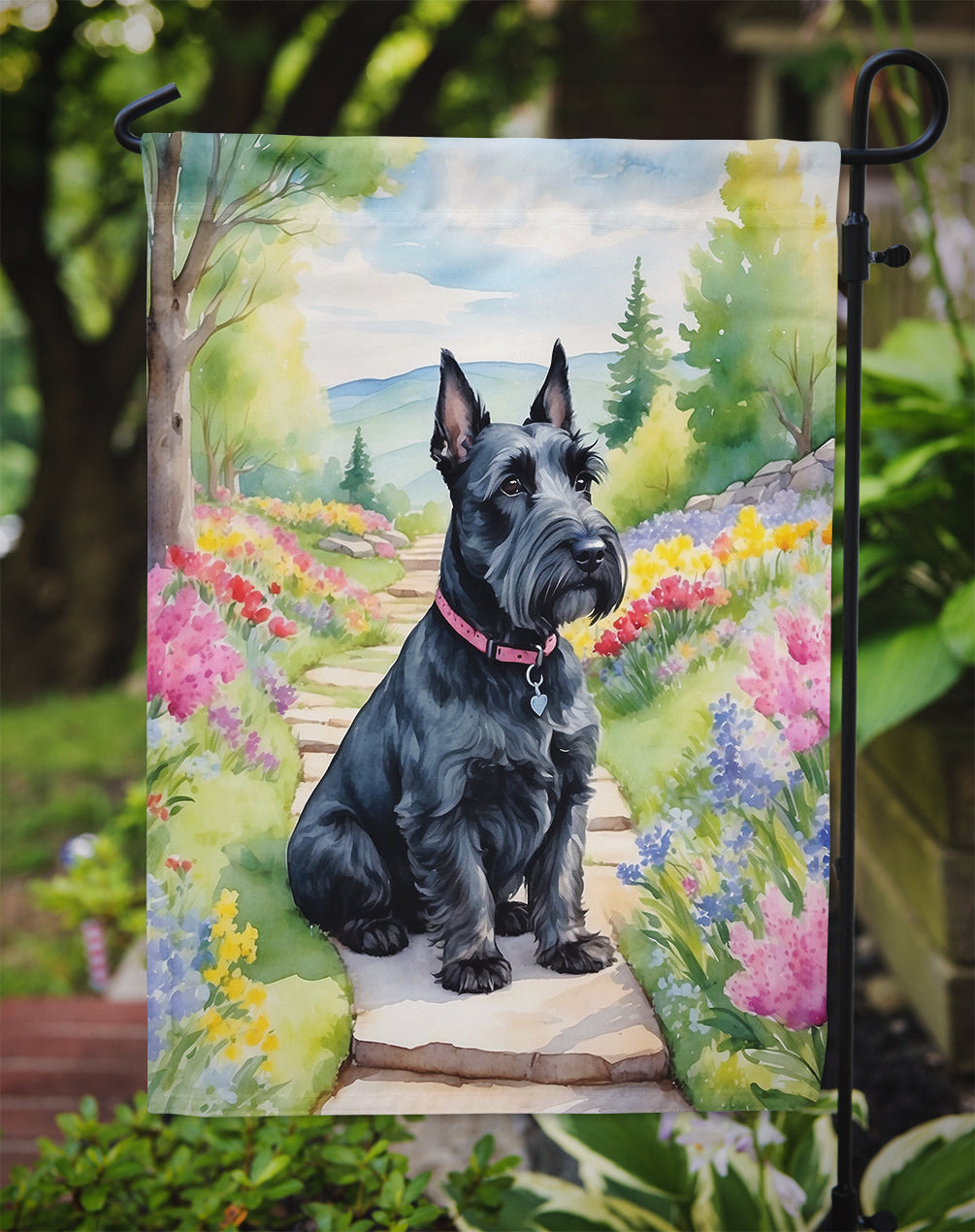 Scottish Terrier Spring Path Garden Flag  – Dog-Themed Floral Outdoor Decor