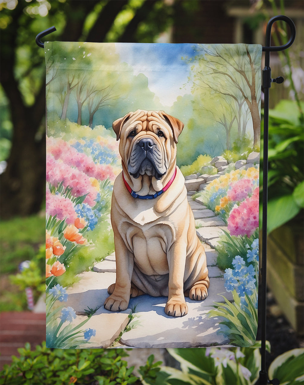 Shar Pei Spring Path Garden Flag  – Dog-Themed Floral Outdoor Decor