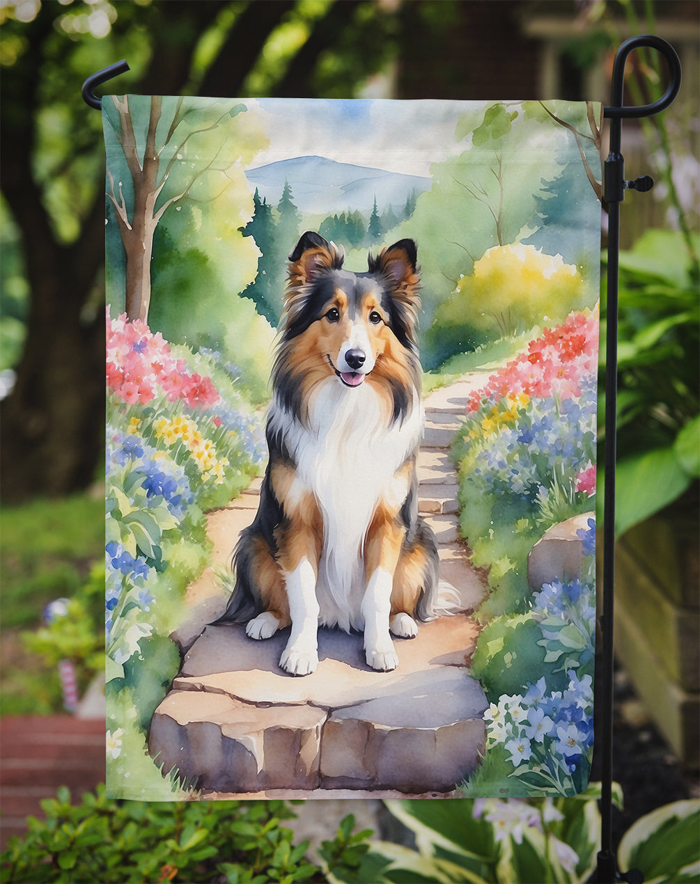 Sheltie Spring Path Garden Flag  – Dog-Themed Floral Outdoor Decor