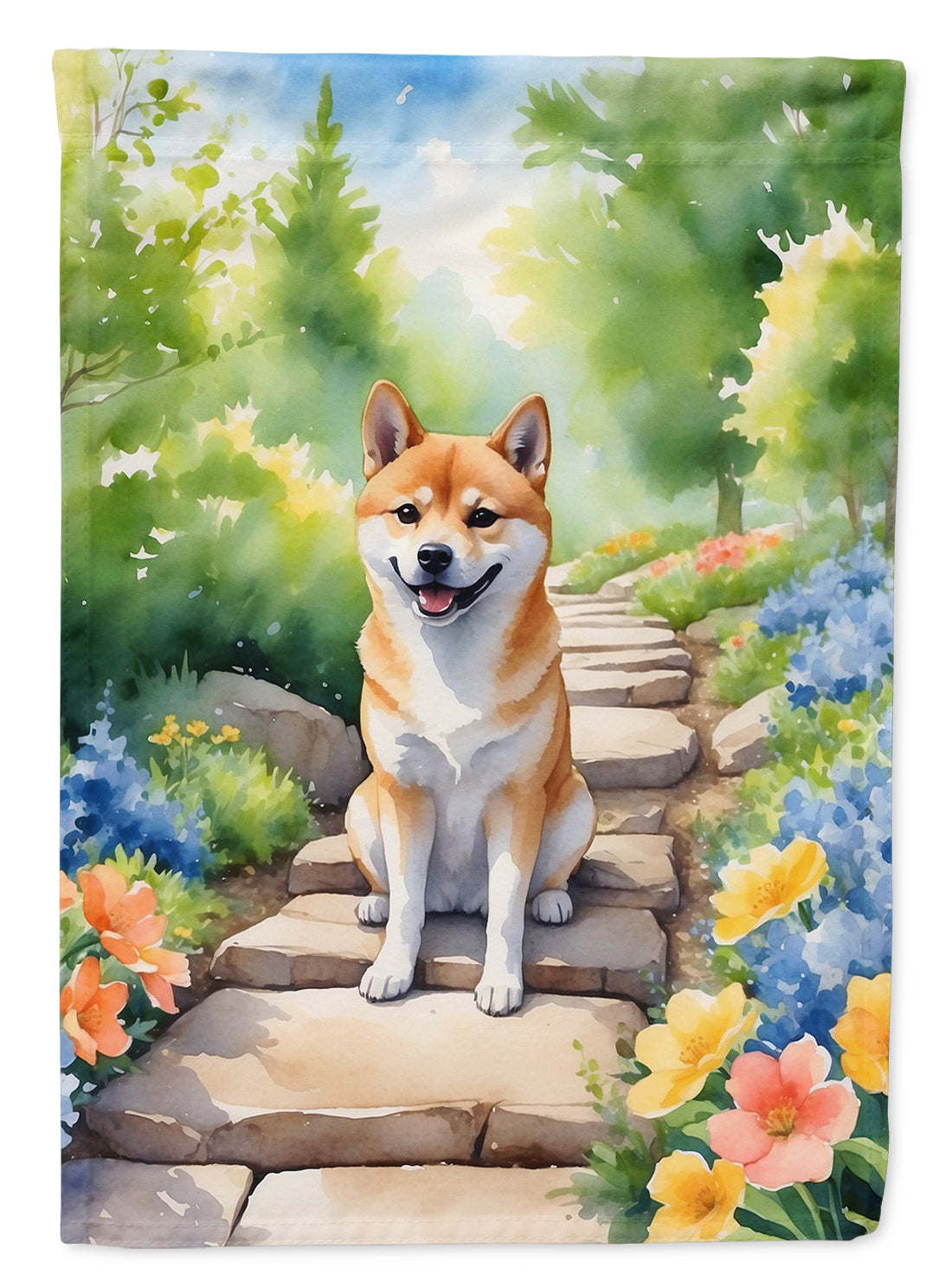 Shiba Inu Spring Path Garden Flag  – Dog-Themed Floral Outdoor Decor