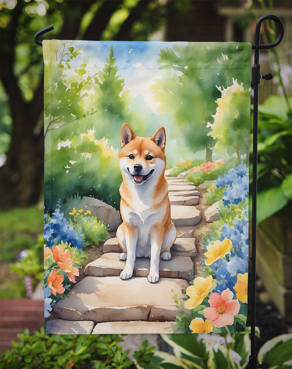 Shiba Inu Spring Path Garden Flag  – Dog-Themed Floral Outdoor Decor