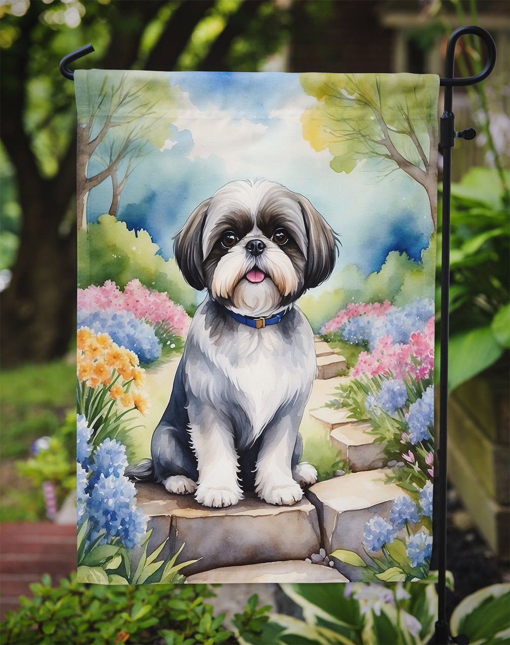 Shih Tzu Spring Path Garden Flag  – Dog-Themed Floral Outdoor Decor