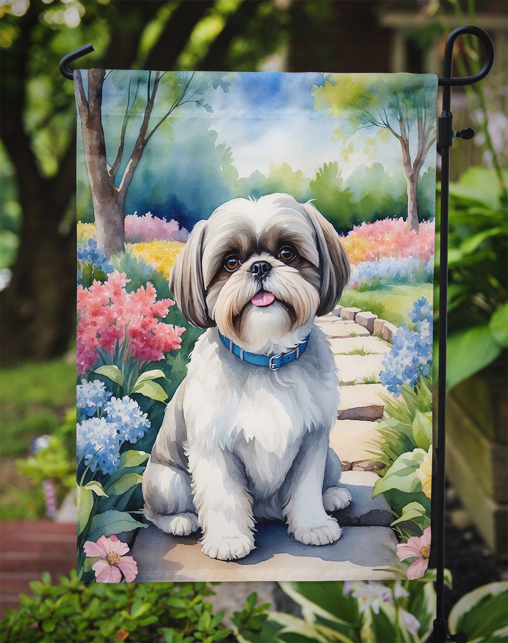 Shih Tzu Spring Path Garden Flag  – Dog-Themed Floral Outdoor Decor