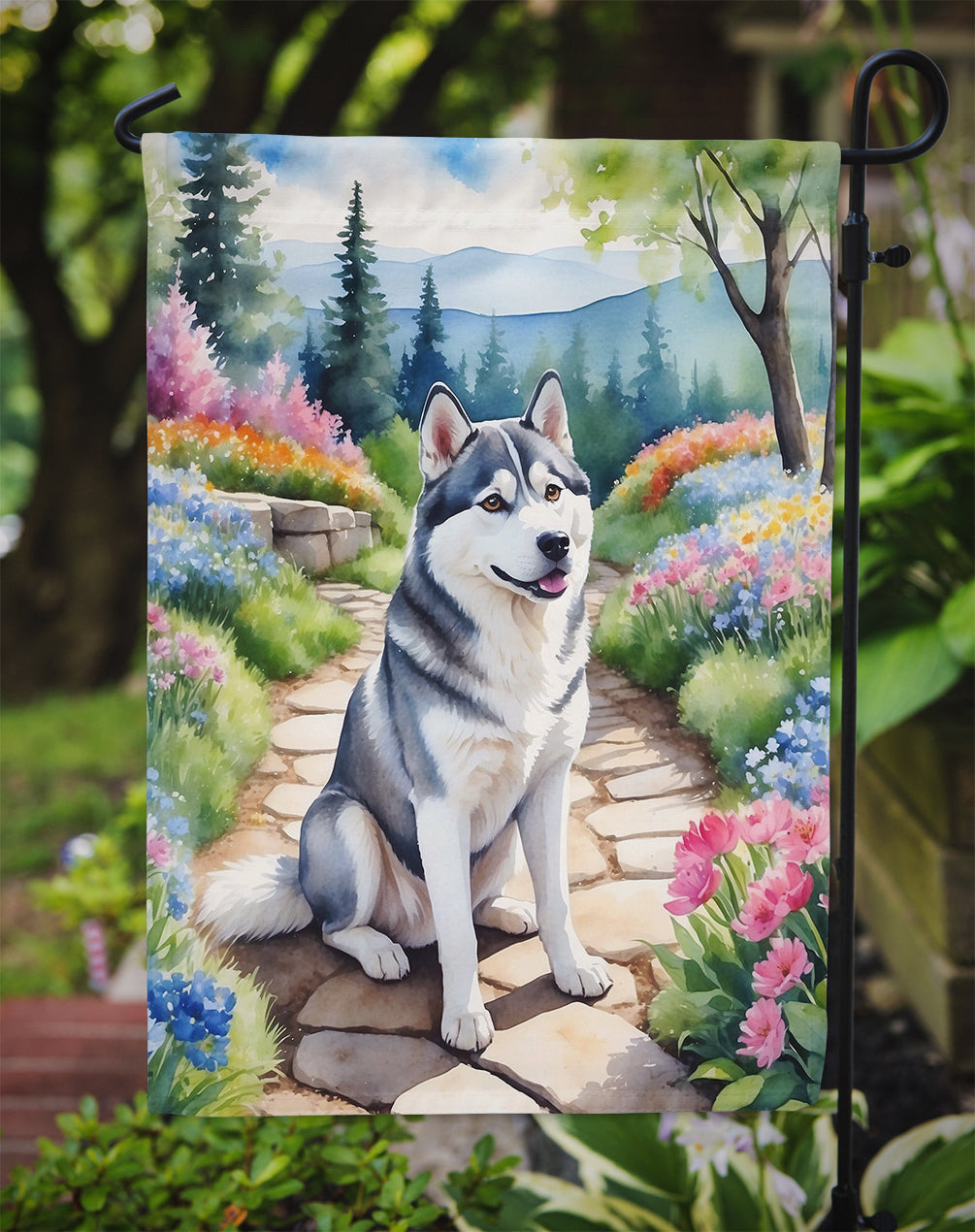 Siberian Husky Spring Path Garden Flag  – Dog-Themed Floral Outdoor Decor