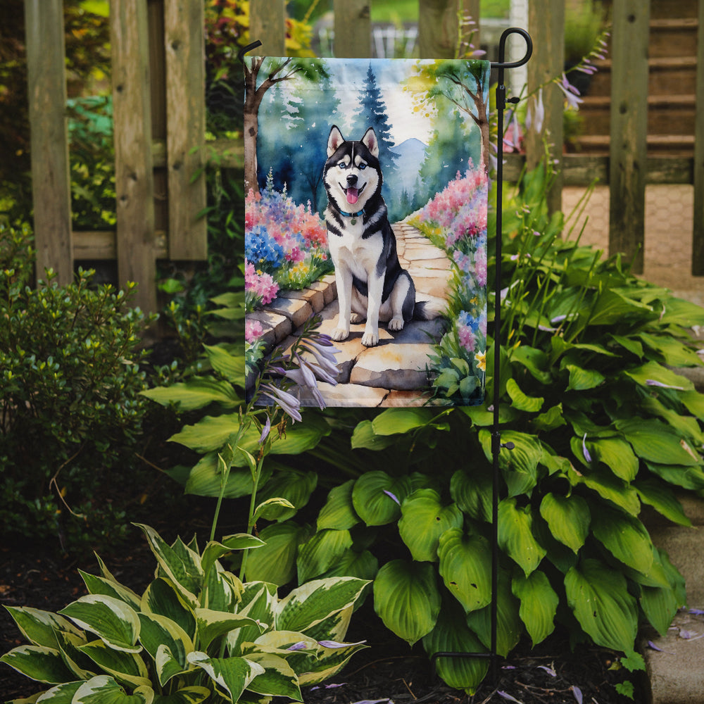 Siberian Husky Spring Path Garden Flag  – Dog-Themed Floral Outdoor Decor
