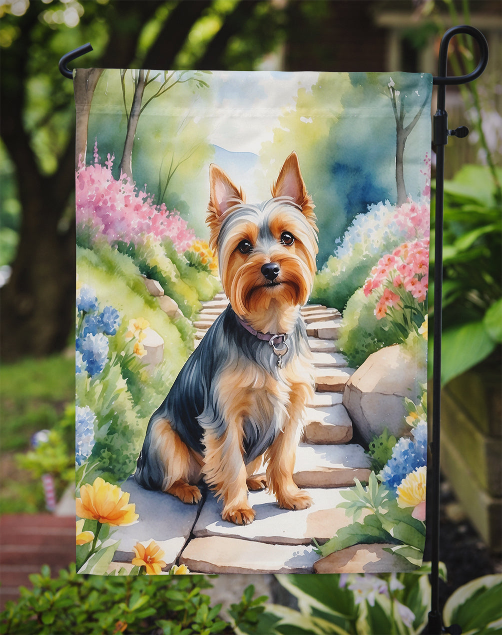 Silky Terrier Spring Path Garden Flag  – Dog-Themed Floral Outdoor Decor