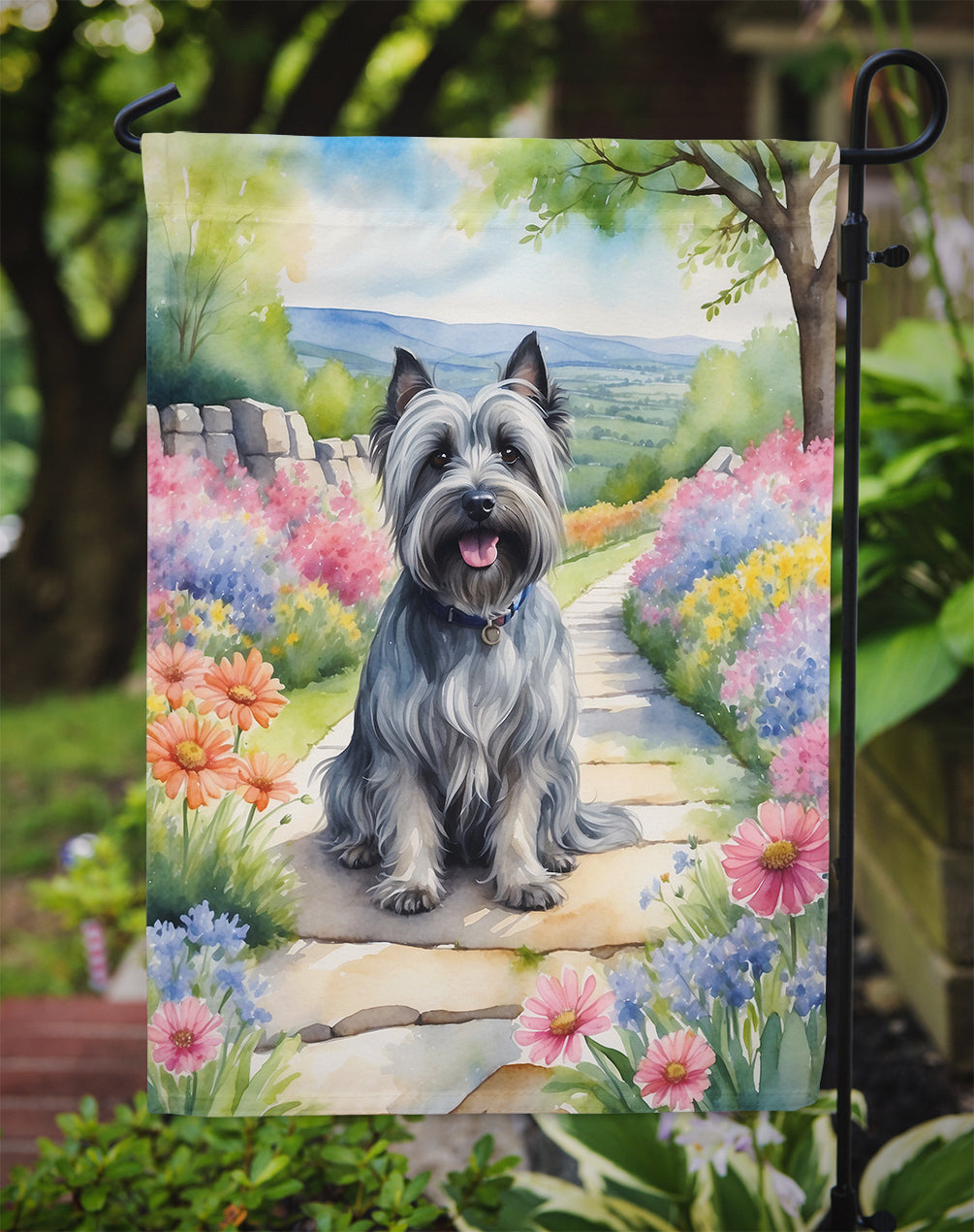 Skye Terrier Spring Path Garden Flag  – Dog-Themed Floral Outdoor Decor