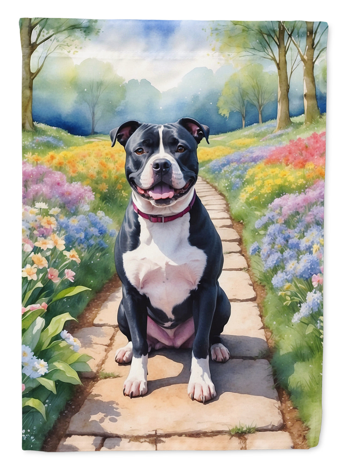 Staffordshire Bull Terrier Spring Path Garden Flag  – Dog-Themed Floral Outdoor Decor