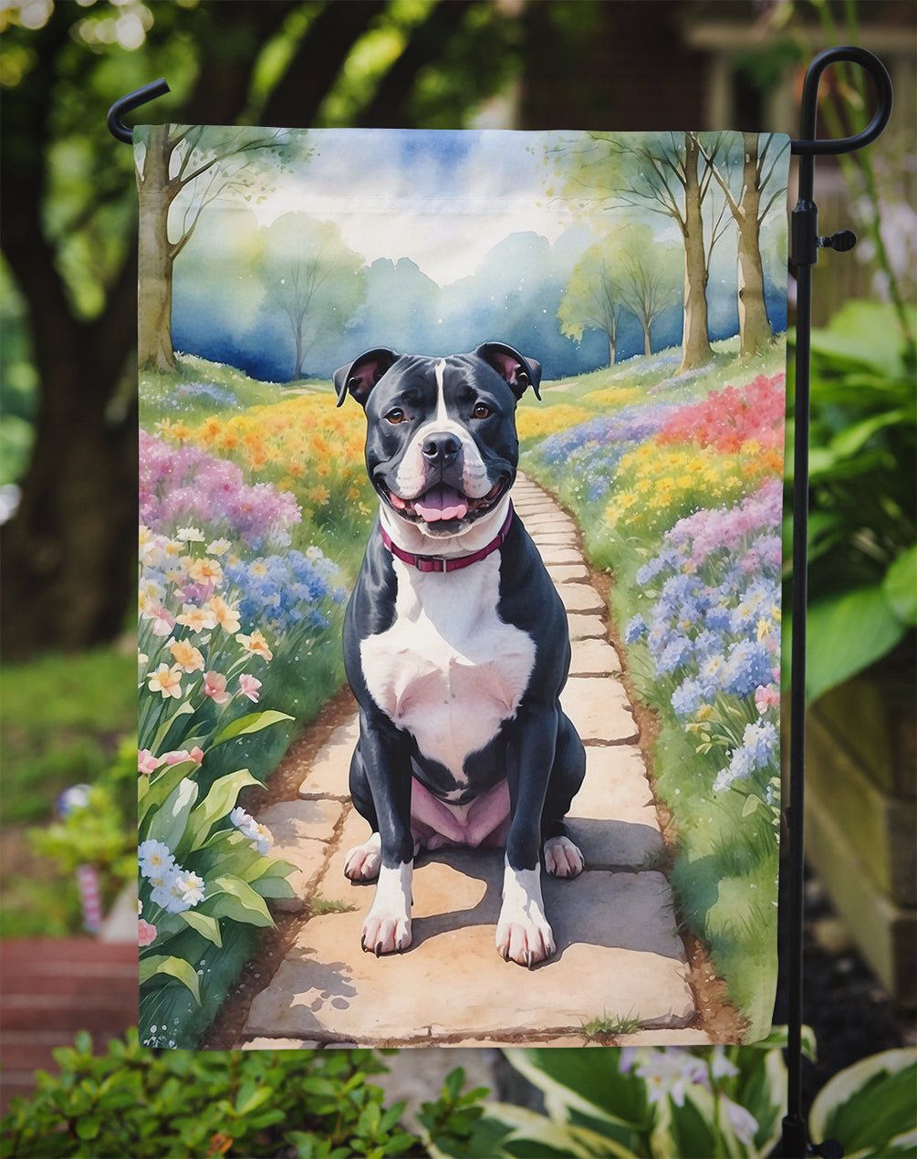 Staffordshire Bull Terrier Spring Path Garden Flag  – Dog-Themed Floral Outdoor Decor