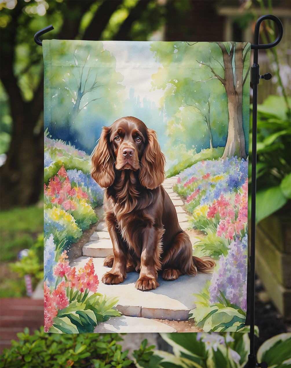 Sussex Spaniel Spring Path Garden Flag  – Dog-Themed Floral Outdoor Decor