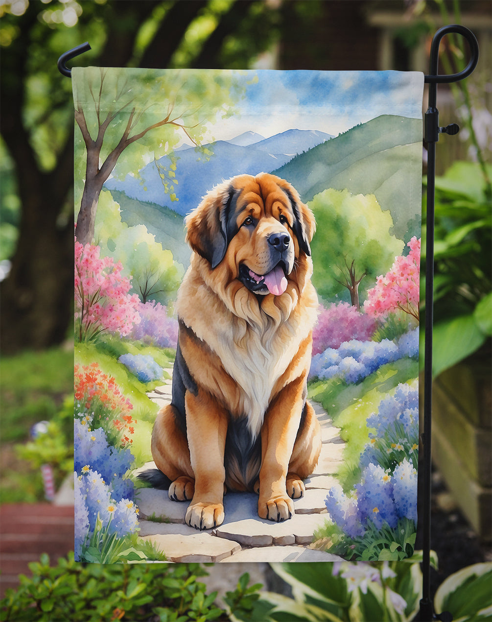 Tibetan Mastiff Spring Path Garden Flag  – Dog-Themed Floral Outdoor Decor