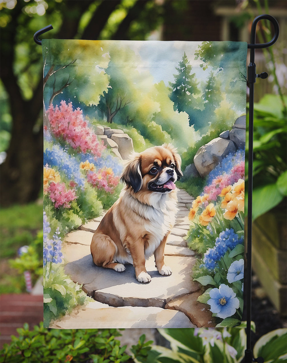 Tibetan Spaniel Spring Path Garden Flag  – Dog-Themed Floral Outdoor Decor
