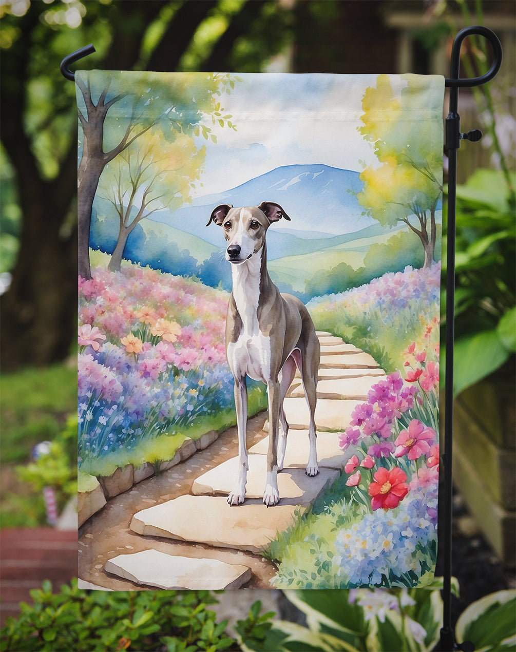 Whippet Spring Path Garden Flag  – Dog-Themed Floral Outdoor Decor