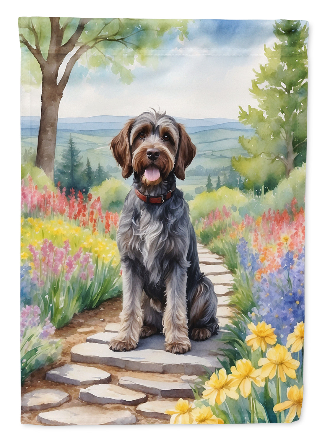 Wirehaired Pointing Griffon Spring Path Garden Flag  – Dog-Themed Floral Outdoor Decor