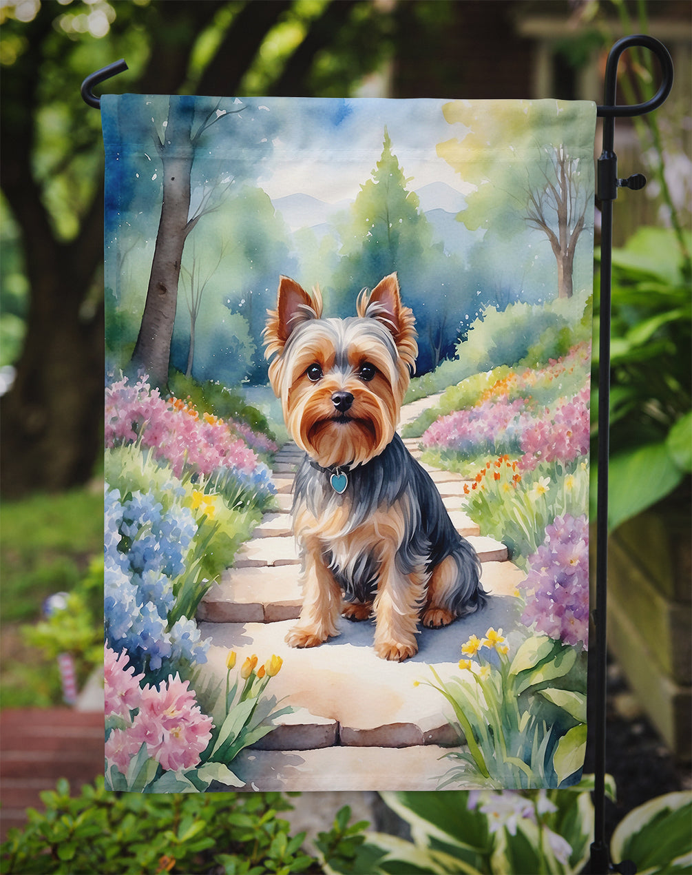 Yorkshire Terrier Spring Path Garden Flag – Dog-Themed Floral Outdoor Decor