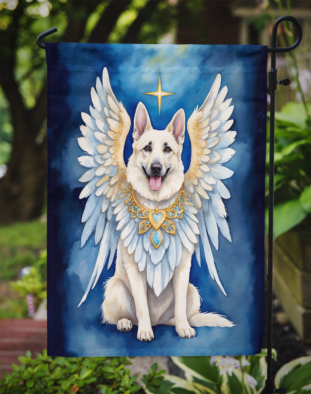 White German Shepherd My Angel Garden Flag – Memorial or Christmas Dog Angel Decor