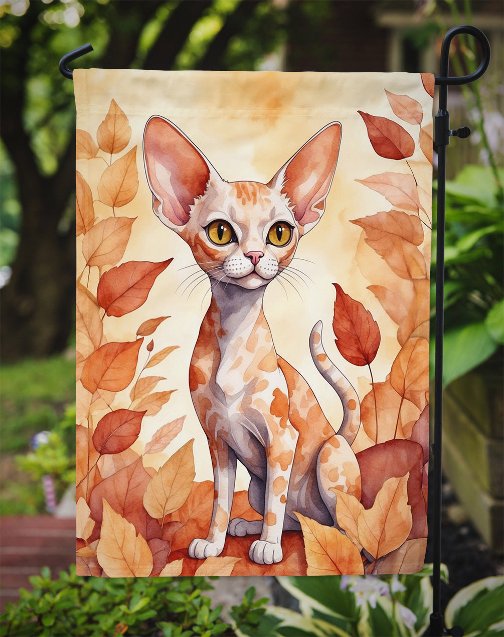 Devon Rex Fall Garden Flag - Cat in Fall Leaves - Cat-Themed Seasonal Yard Decor