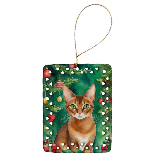 Abyssinian Cat By the Christmas Tree Porcelain Ornament