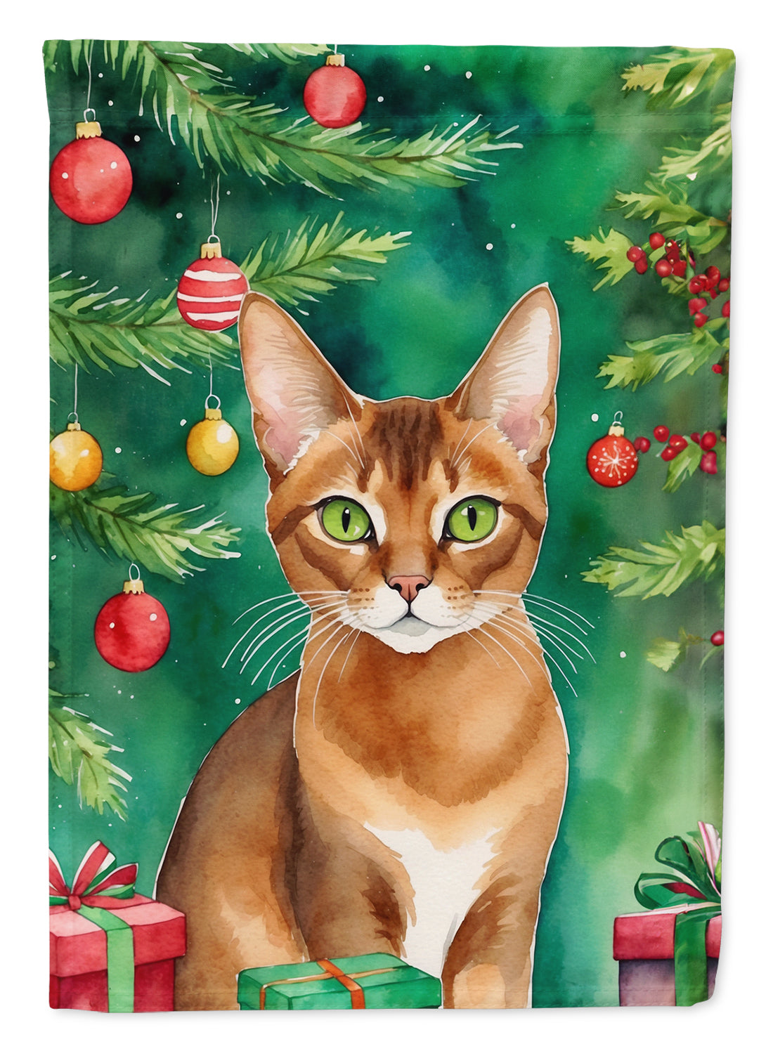 Abyssinian Christmas Garden Flag - Cat by the Christmas Tree - Cat-Themed Holiday Yard Decor